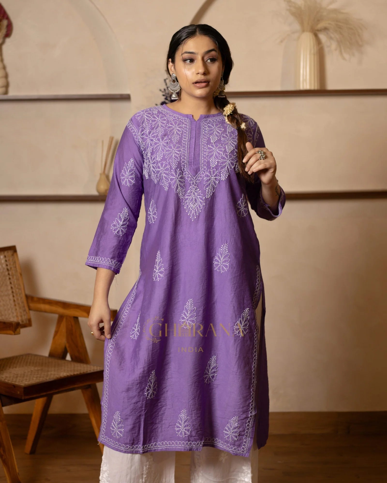 Ruhi Chanderi Chikankari Kurta with Bakhiya work-Purple Gharana