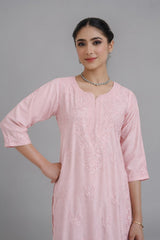 Ruhi Chanderi Chikankari Light pink Kurta Set with Embroidered Palazzo Gharana