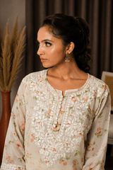 Aadya Chikankari Georgette Floral Printed Kurta – Off White