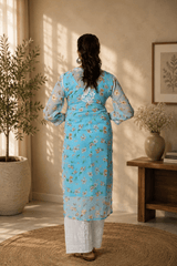Aadya Chikankari Georgette Floral Printed Kurta – Light Blue