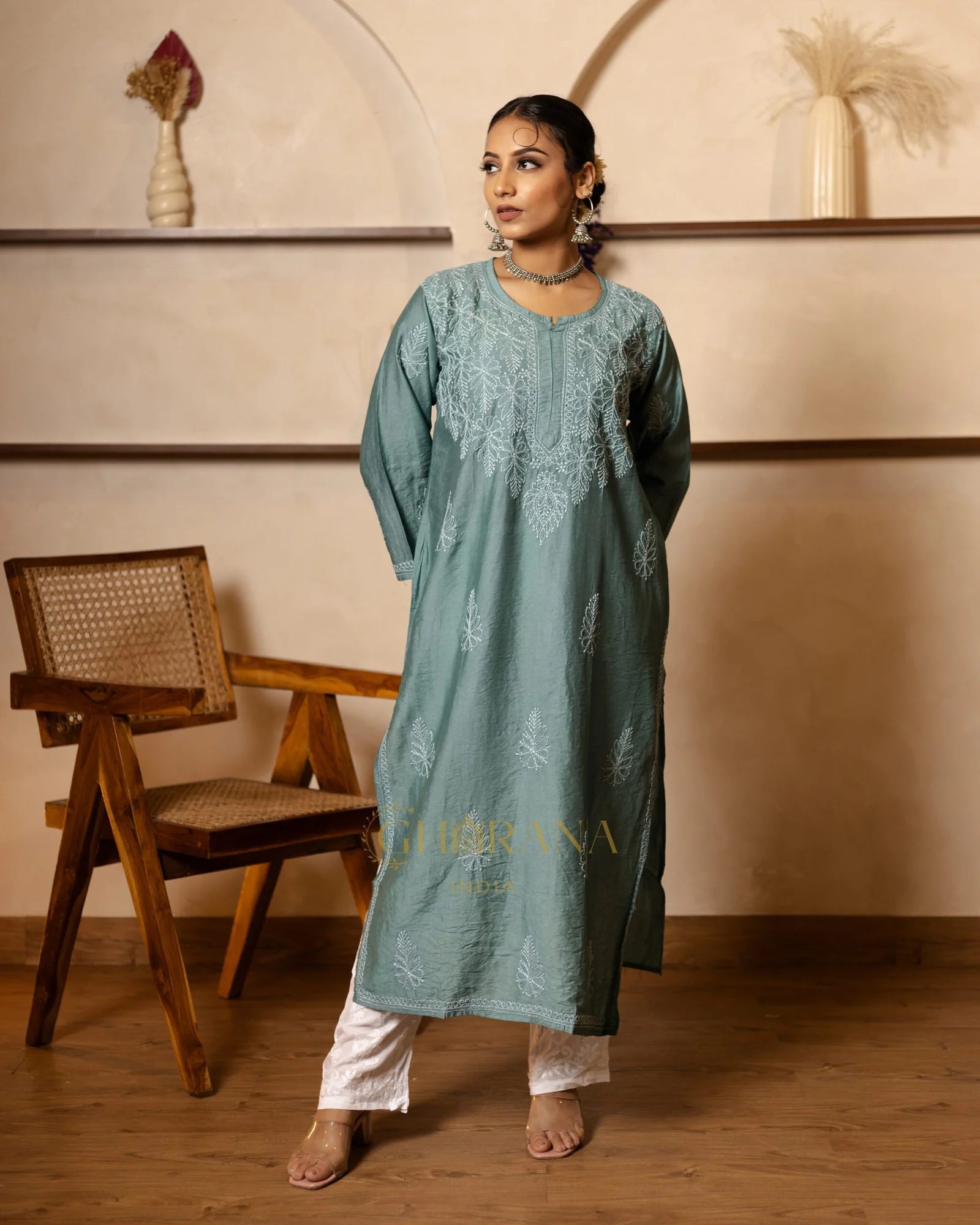 Ruhi Chanderi Chikankari Kurta with Bakhiya work-Sea Green Gharana