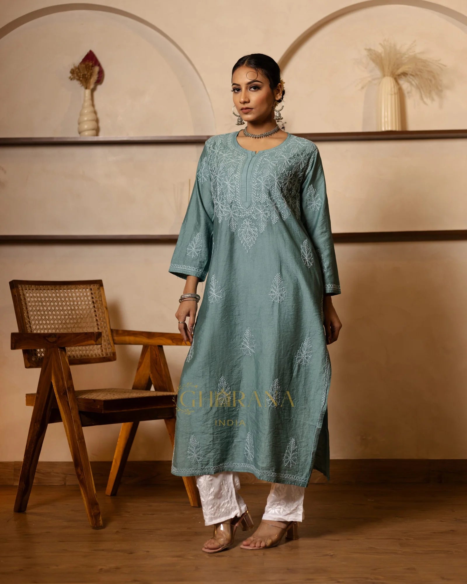 Ruhi Chanderi Chikankari Kurta with Bakhiya work-Sea Green Gharana