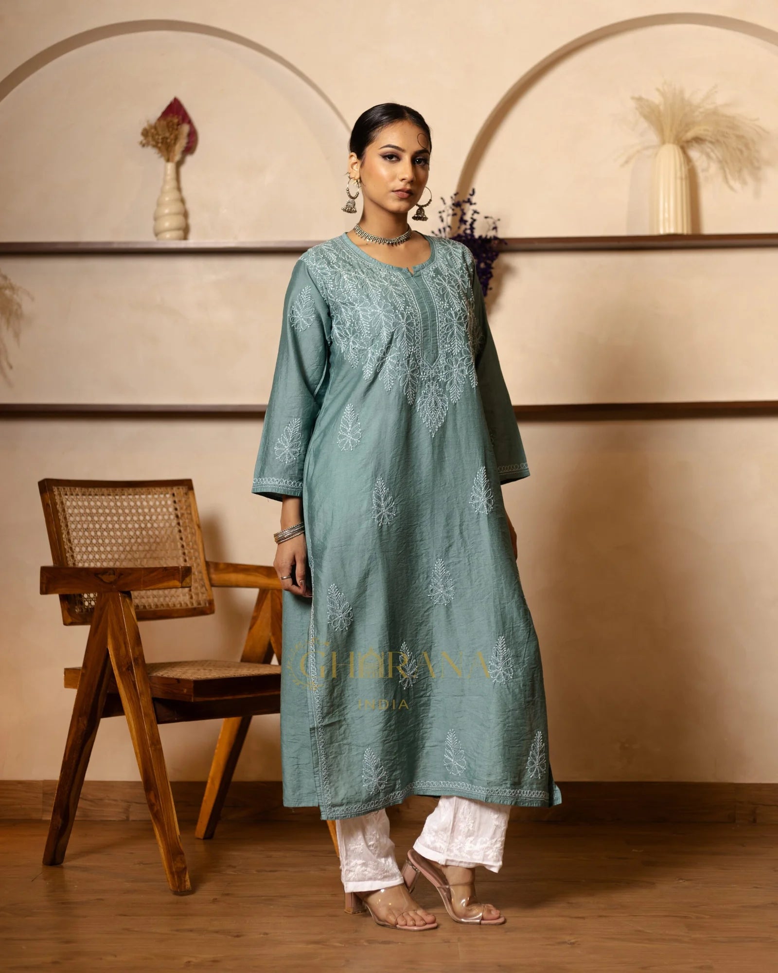 Ruhi Chanderi Chikankari Kurta with Bakhiya work-Sea Green Gharana