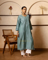 Ruhi Chanderi Chikankari Kurta with Bakhiya work-Sea Green Gharana