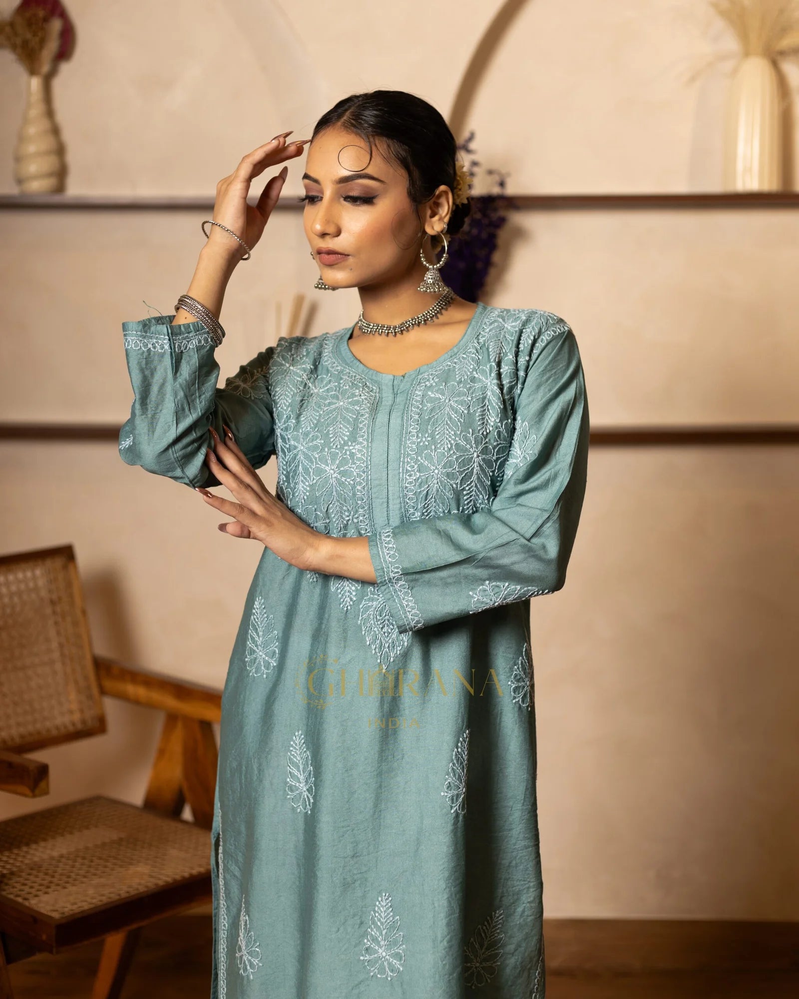 Ruhi Chanderi Chikankari Kurta with Bakhiya work-Sea Green Gharana