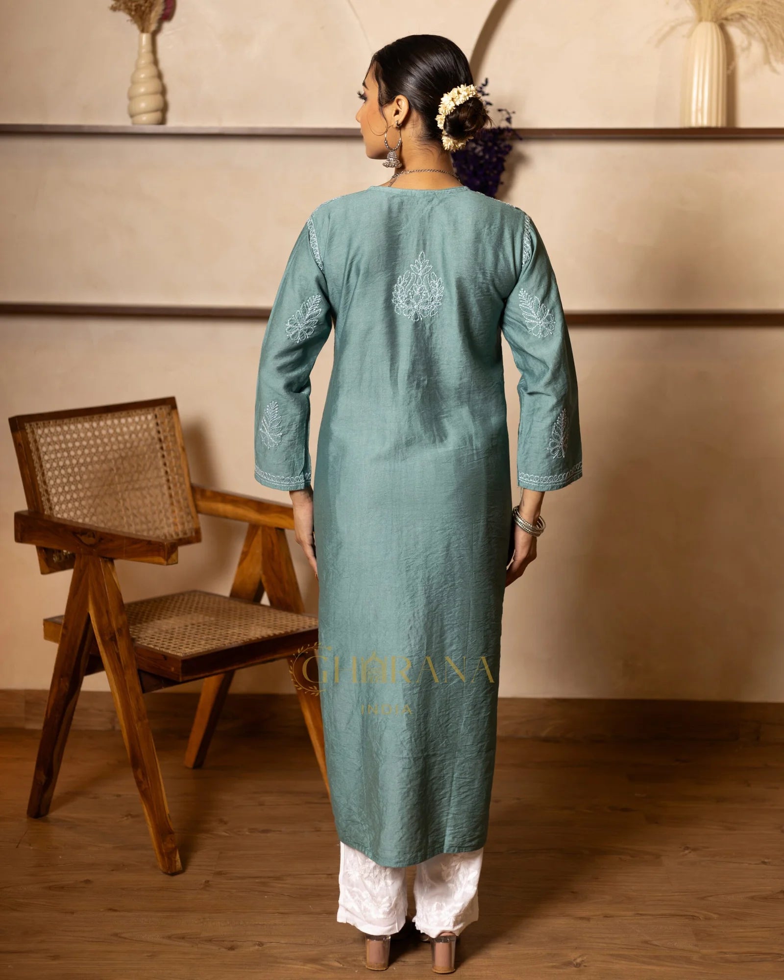 Ruhi Chanderi Chikankari Kurta with Bakhiya work-Sea Green Gharana