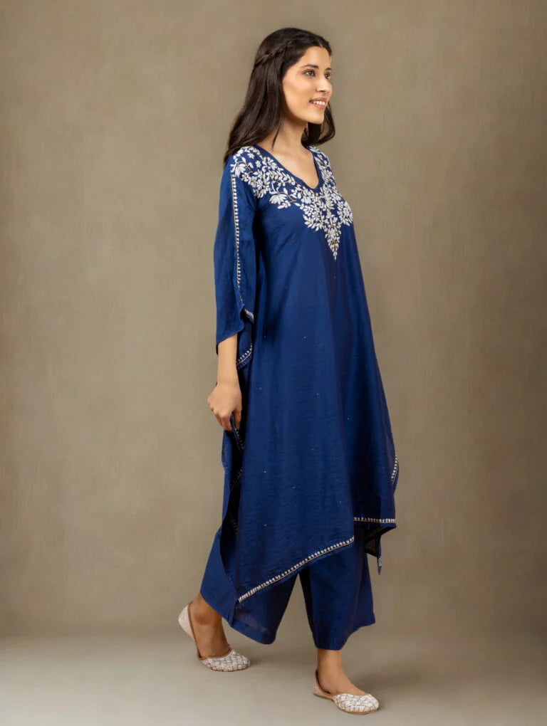 Premium Chanderi Silk Midnight Blue Chikankari Kaftan Set with Kamdani Work Gharana