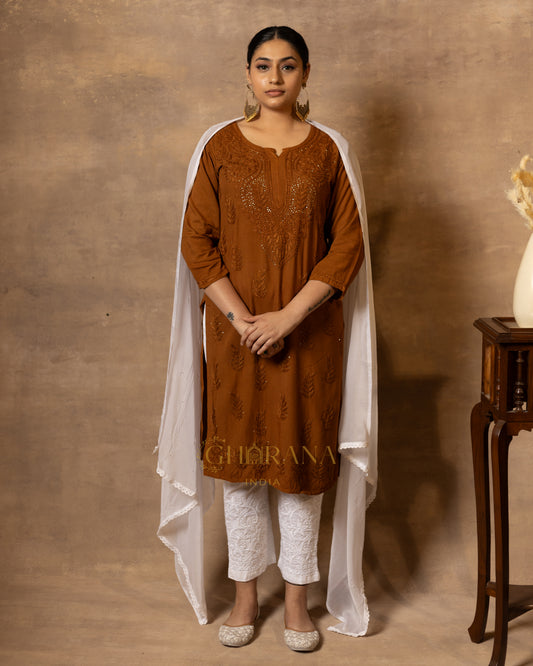 Rayon Rust Brown Chikankari Kurta with Mukaish work