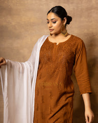 Rayon Rust Brown Chikankari Embroidered 3 PC Kurta Set with Mukaish Work