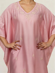 Premium Chanderi Silk Baby Pink Chikankari Kaftan Set Gharana
