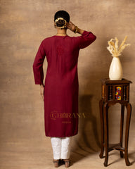Rayon Red Chikankari Embroidered Kurta with Mukaish Work & Straight Pant