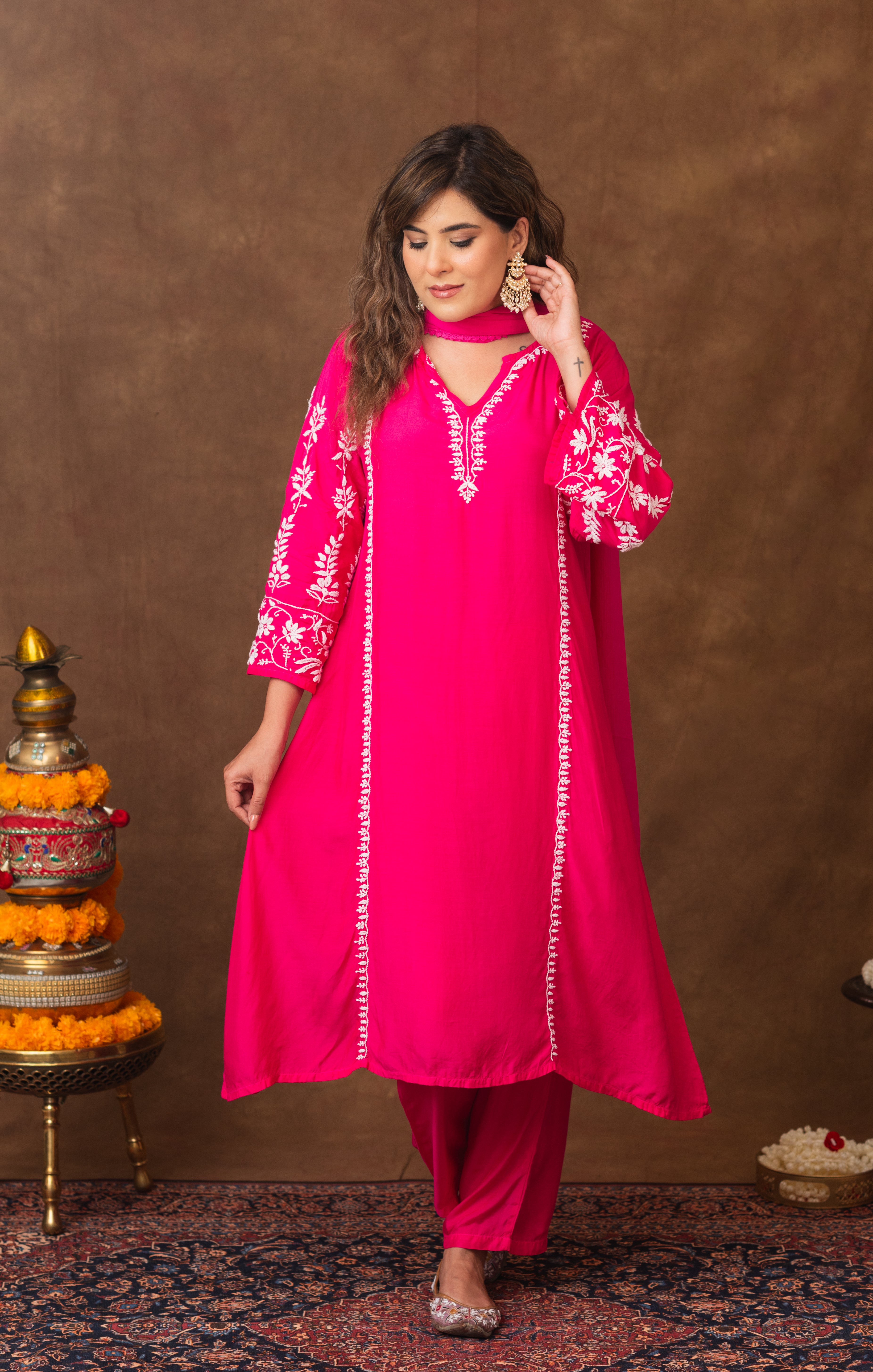 Jashn Premium Muslin Chikankari Fuchisia A Line 3PC Kurta Set with Dupatta Gharana