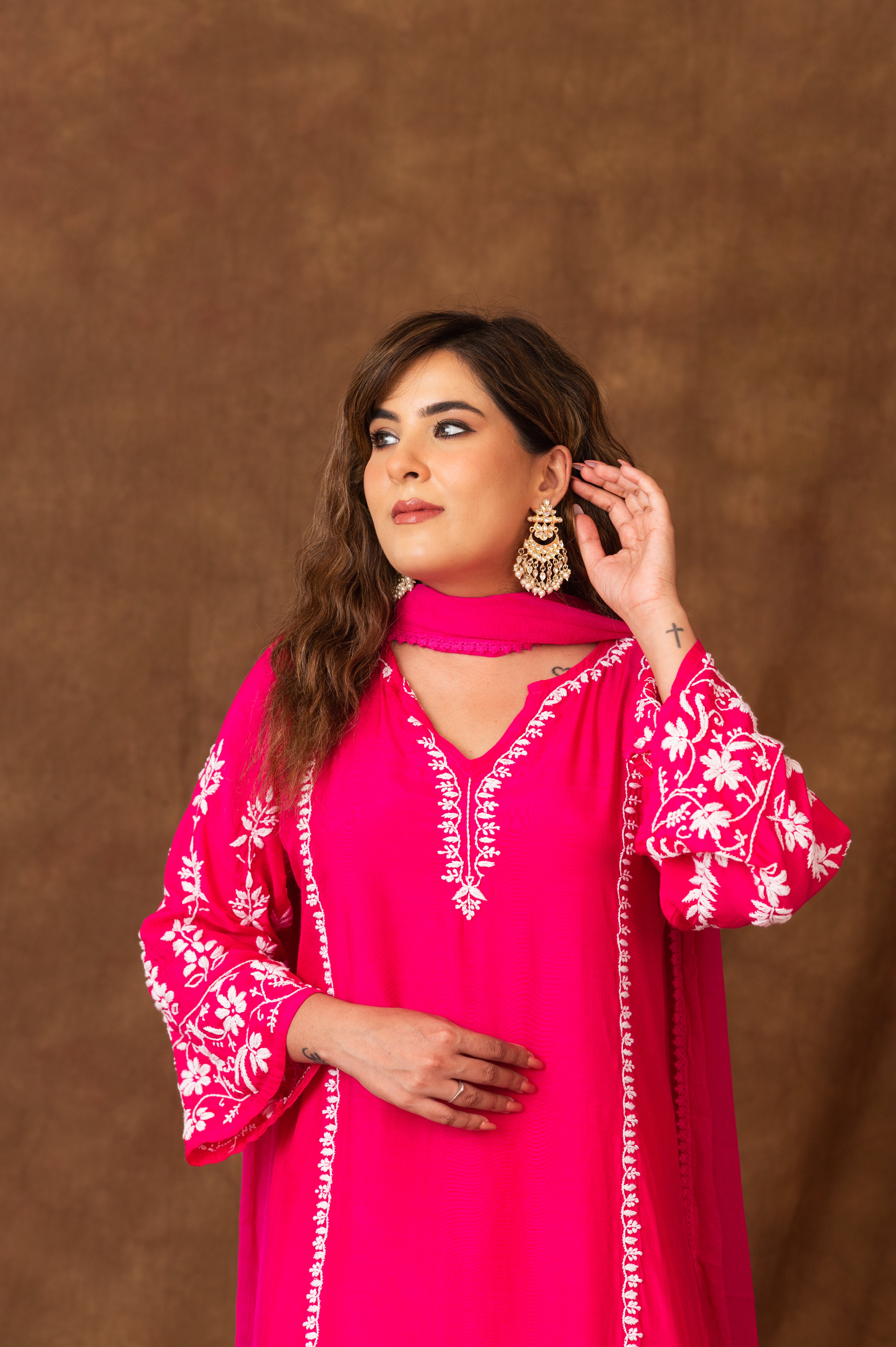 Jashn Premium Muslin Chikankari Fuchisia A Line 3PC Kurta Set with Dupatta Gharana