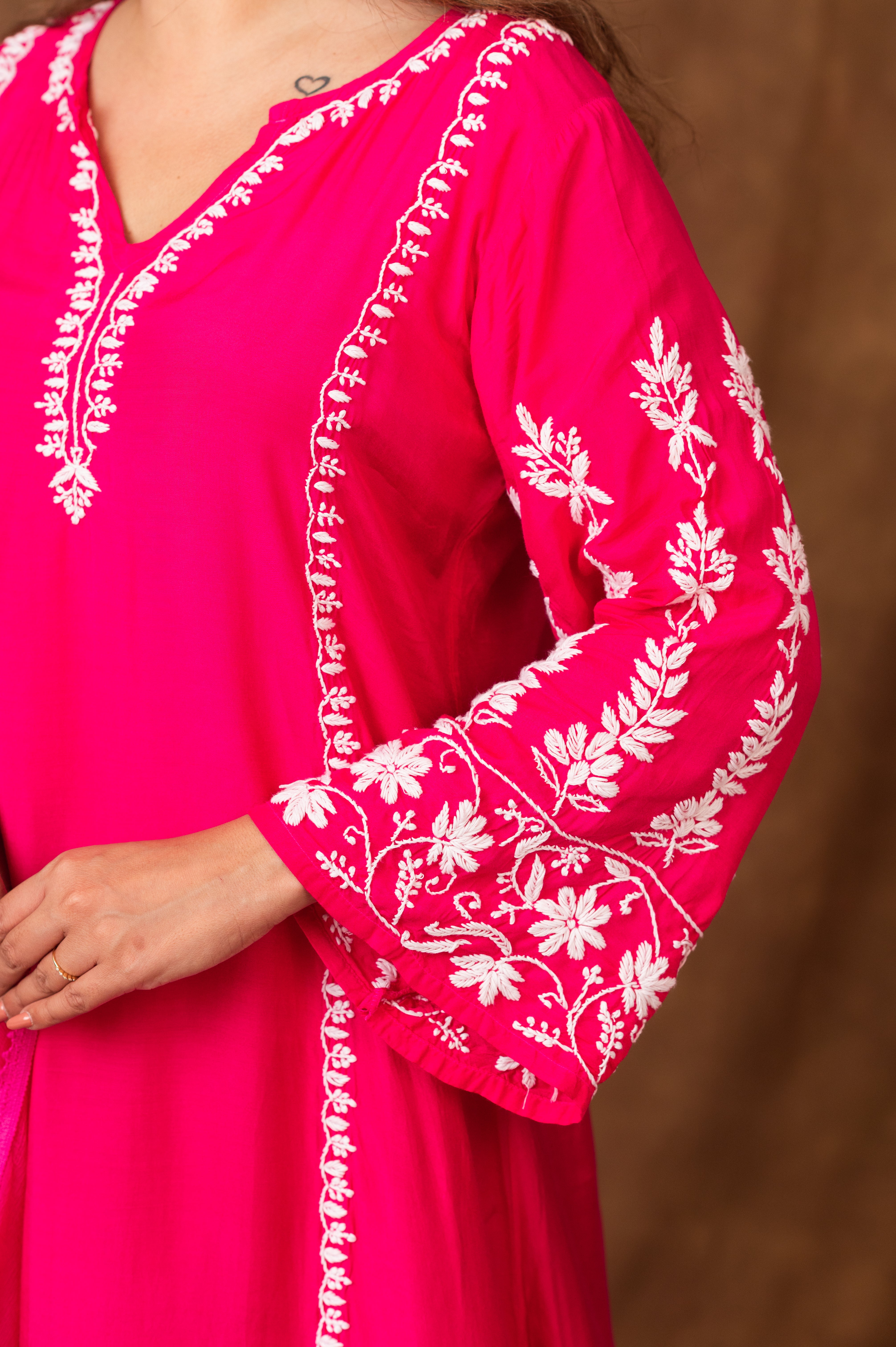 Jashn Premium Muslin Chikankari Fuchisia A Line 3PC Kurta Set with Dupatta Gharana