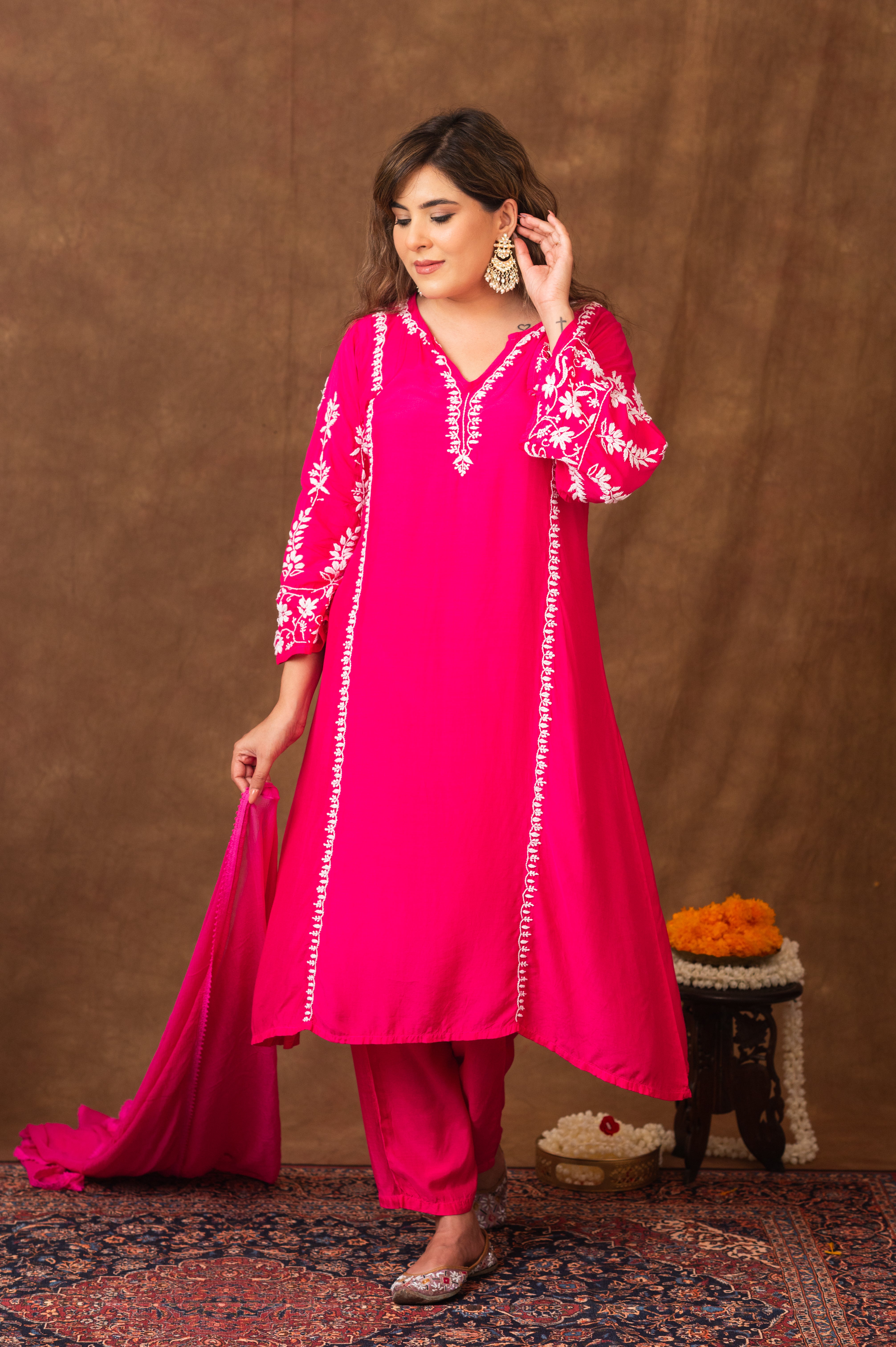 Jashn Premium Muslin Chikankari Fuchisia A Line 3PC Kurta Set with Dupatta Gharana