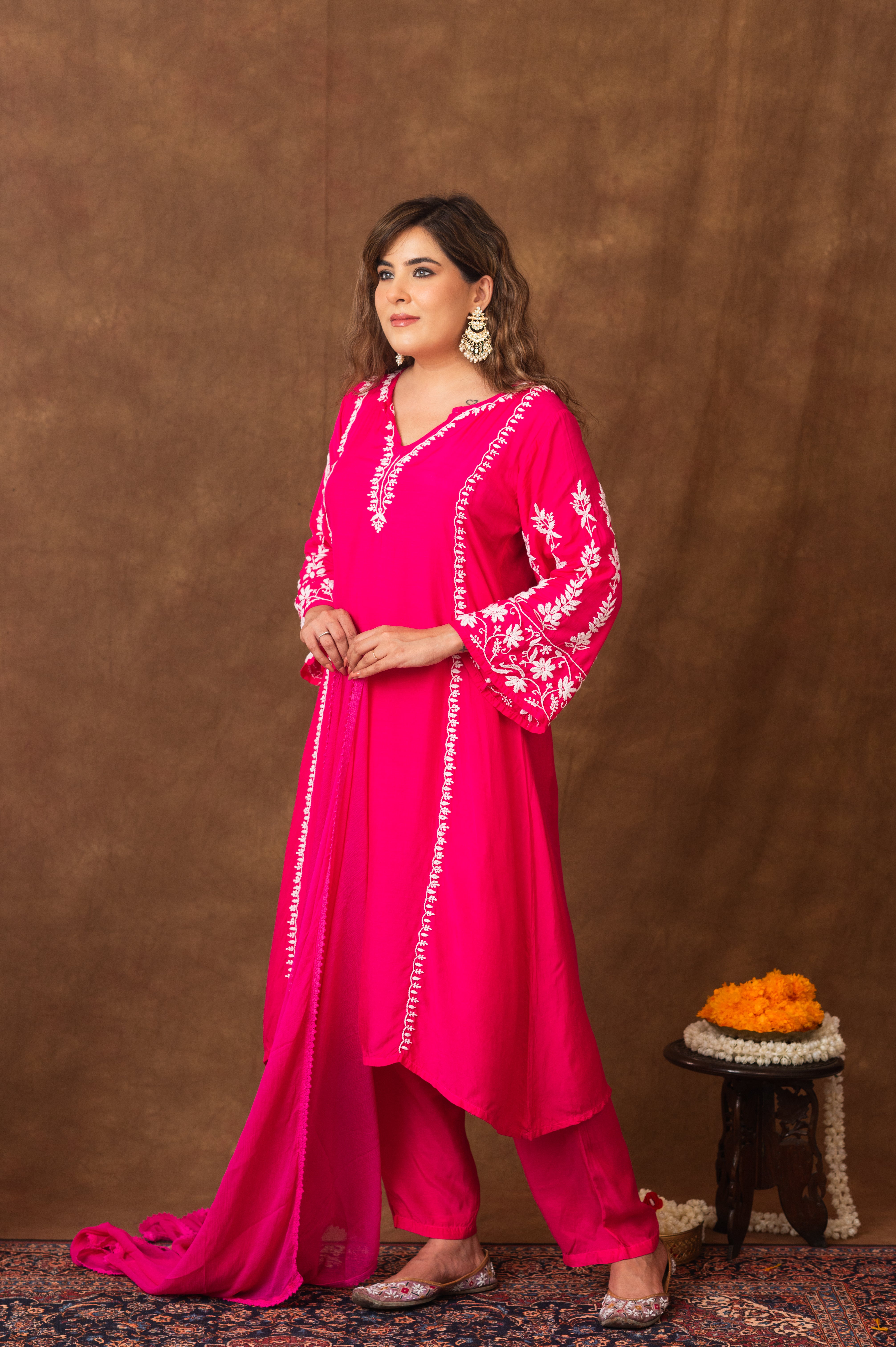 Jashn Premium Muslin Chikankari Fuchisia A Line 3PC Kurta Set with Dupatta Gharana