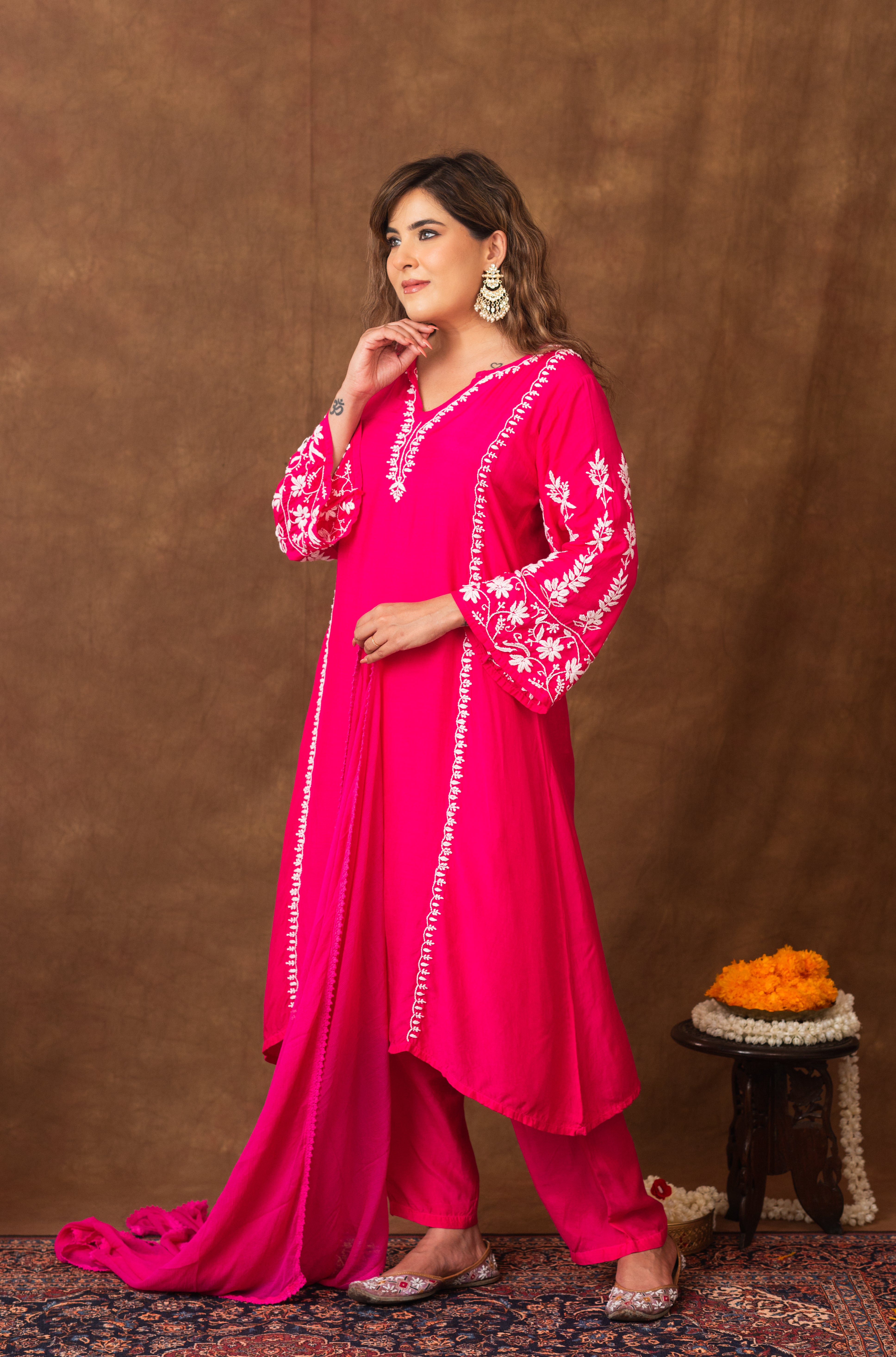 Jashn Premium Muslin Chikankari Fuchisia A Line 3PC Kurta Set with Dupatta Gharana