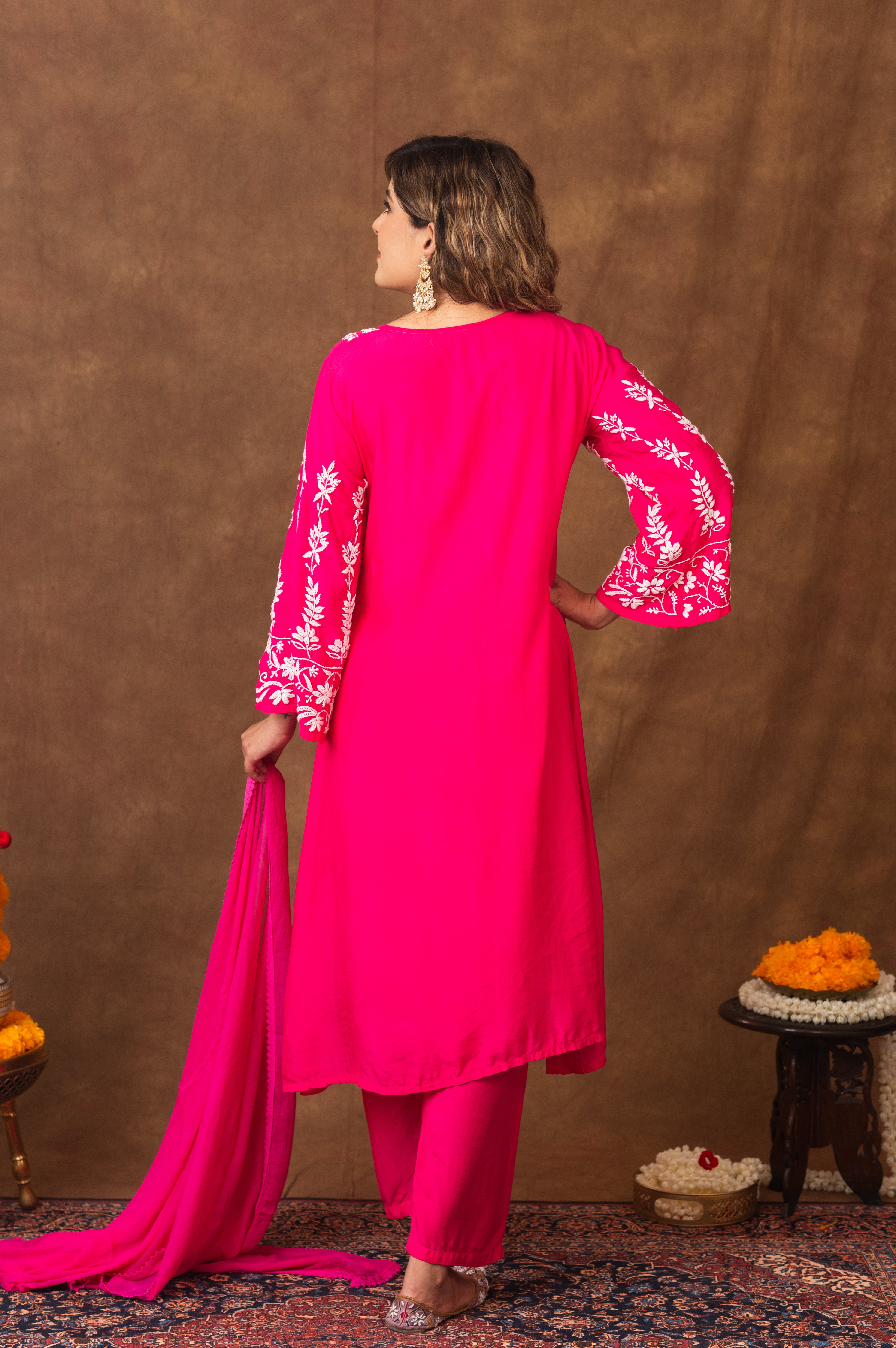 Jashn Premium Muslin Chikankari Fuchisia A Line 3PC Kurta Set with Dupatta Gharana