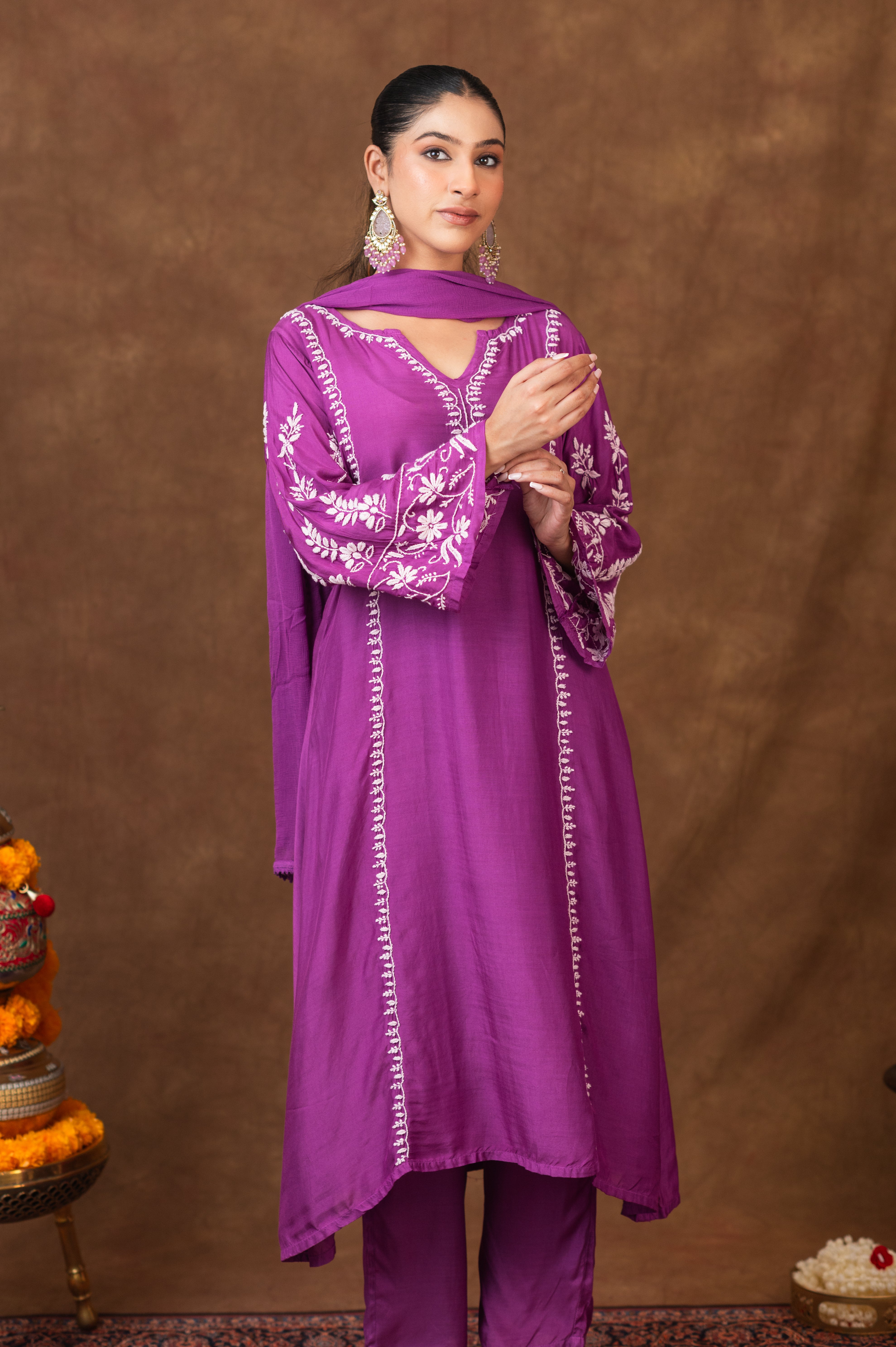 Jashn Premium Muslin Chikankari Purple A Line 3PC Kurta Set with Dupatta Gharana