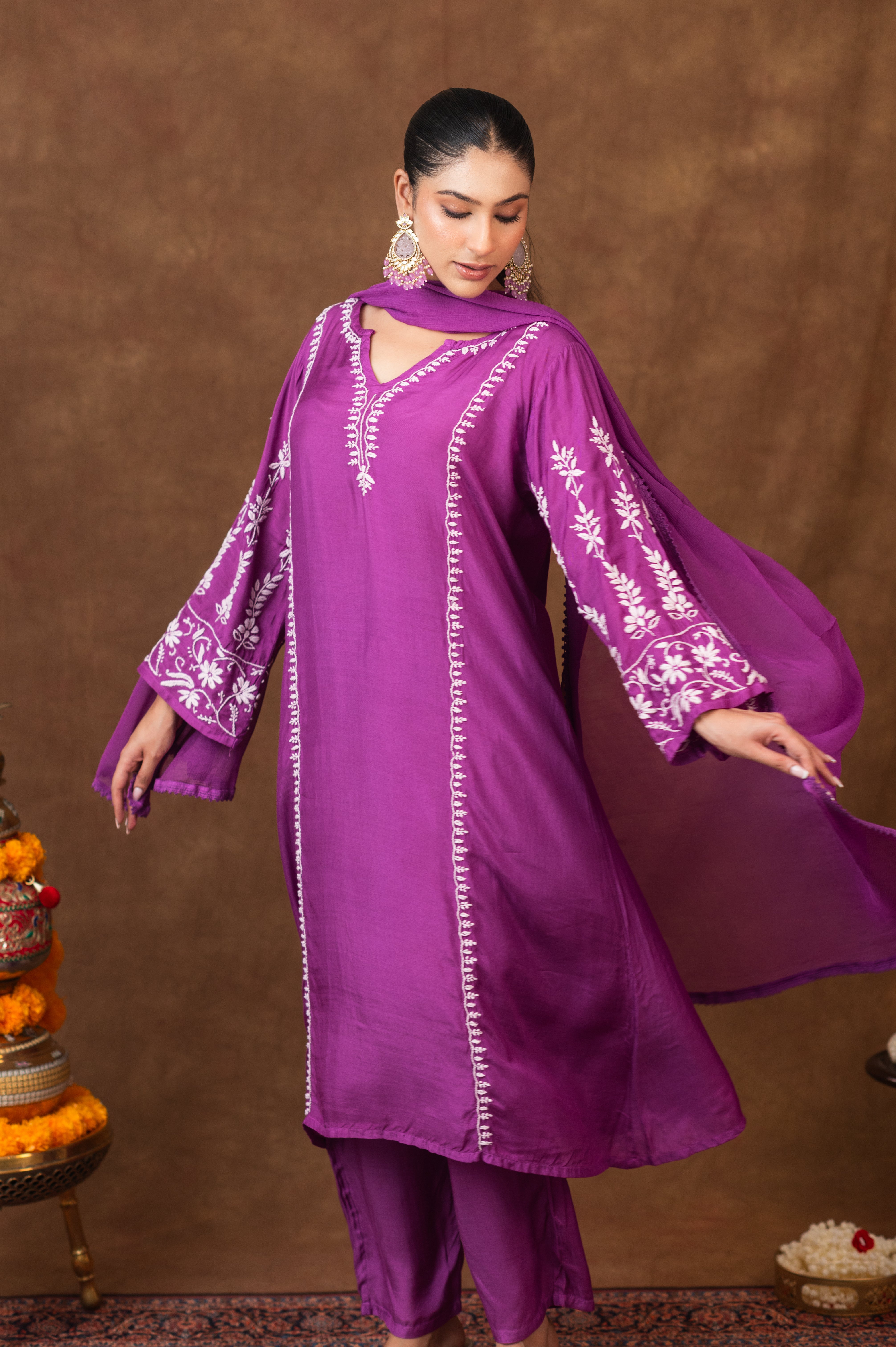 Jashn Premium Muslin Chikankari Purple A Line 3PC Kurta Set with Dupatta Gharana