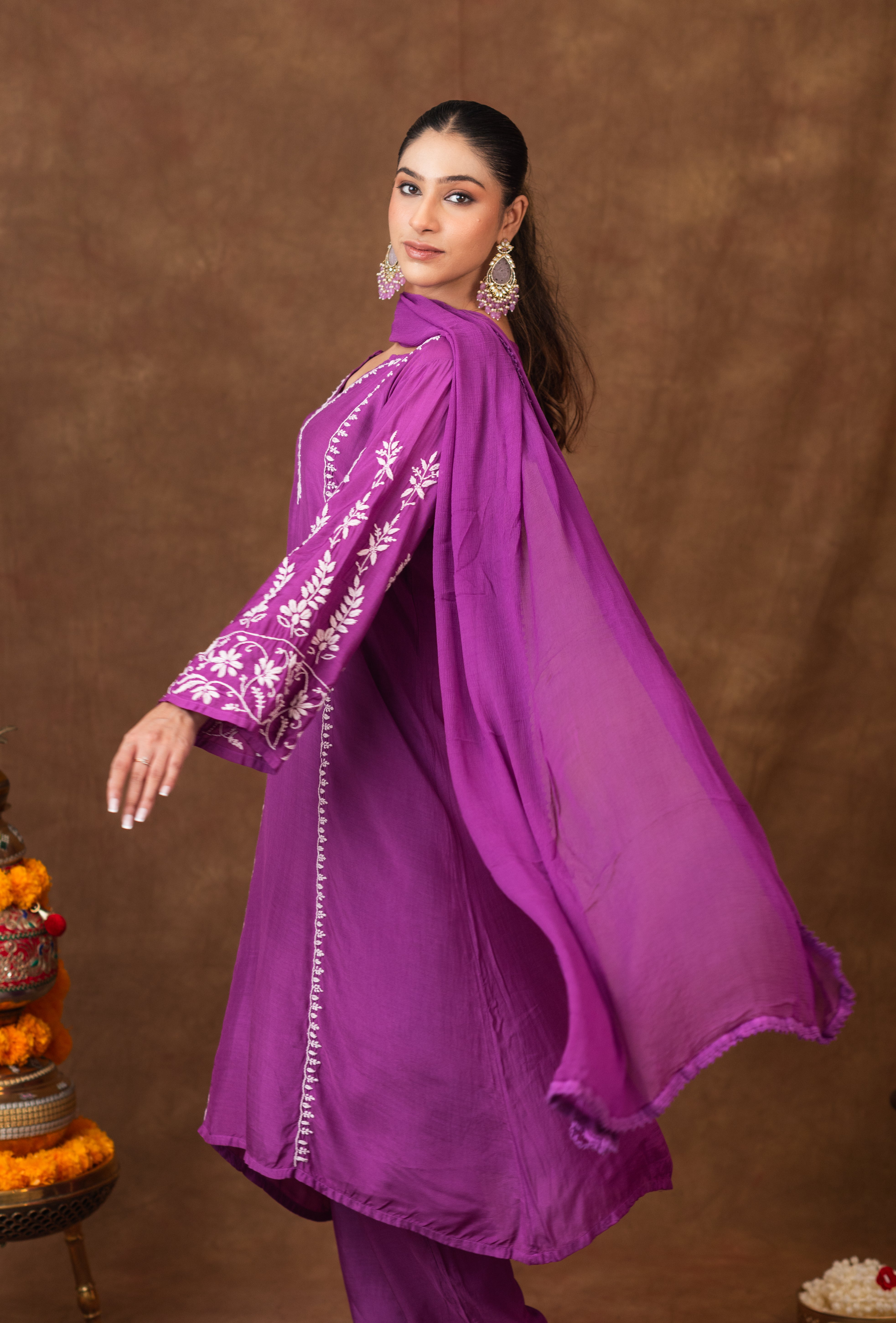 Jashn Premium Muslin Chikankari Purple A Line 3PC Kurta Set with Dupatta Gharana