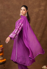 Jashn Premium Muslin Chikankari Purple A Line 3PC Kurta Set with Dupatta Gharana