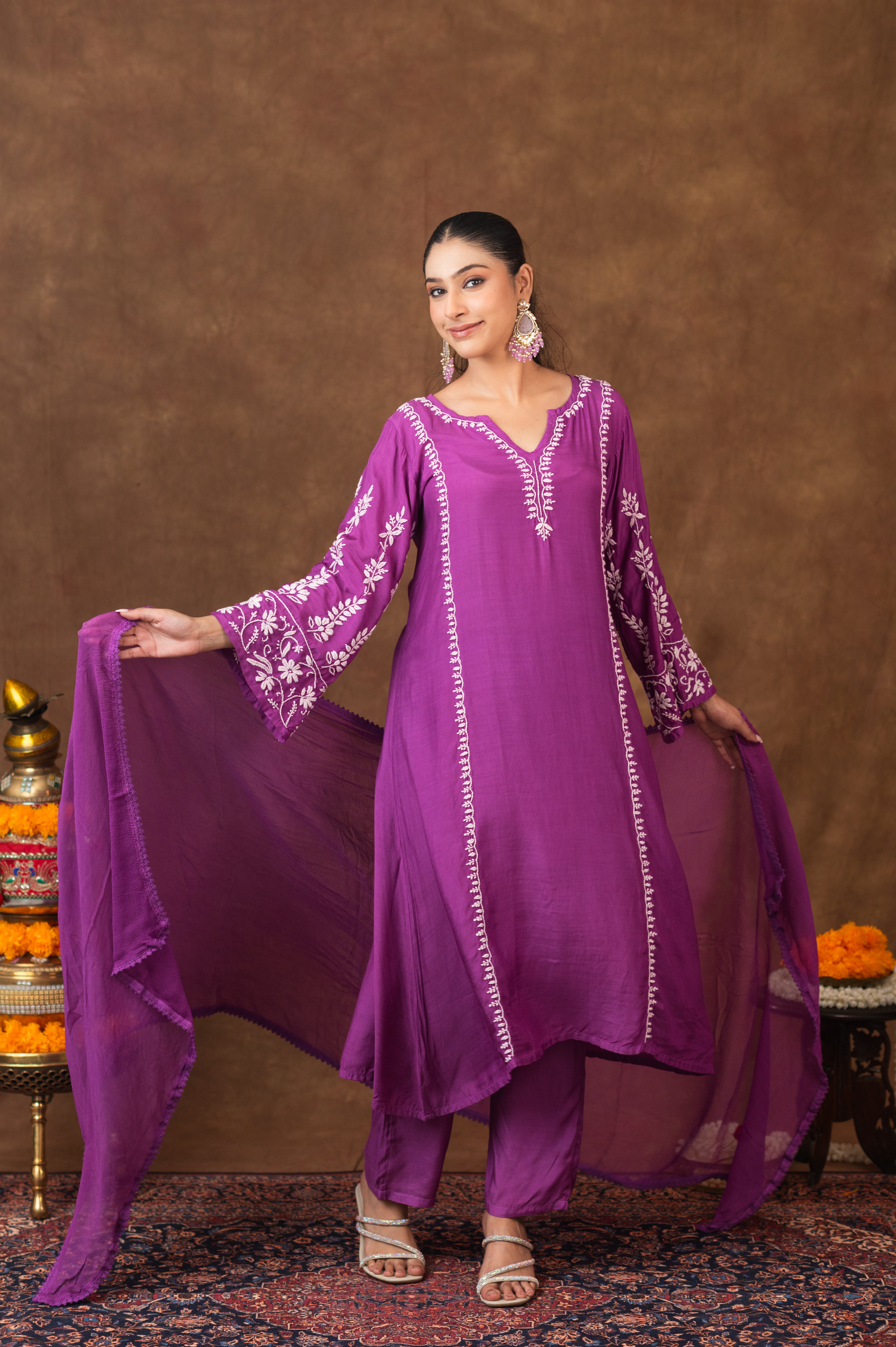 Jashn Premium Muslin Chikankari Purple A Line 3PC Kurta Set with Dupatta Gharana