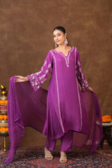Jashn Premium Muslin Chikankari Purple A Line 3PC Kurta Set with Dupatta Gharana