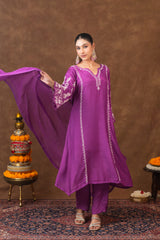 Jashn Premium Muslin Chikankari Purple A Line 3PC Kurta Set with Dupatta Gharana