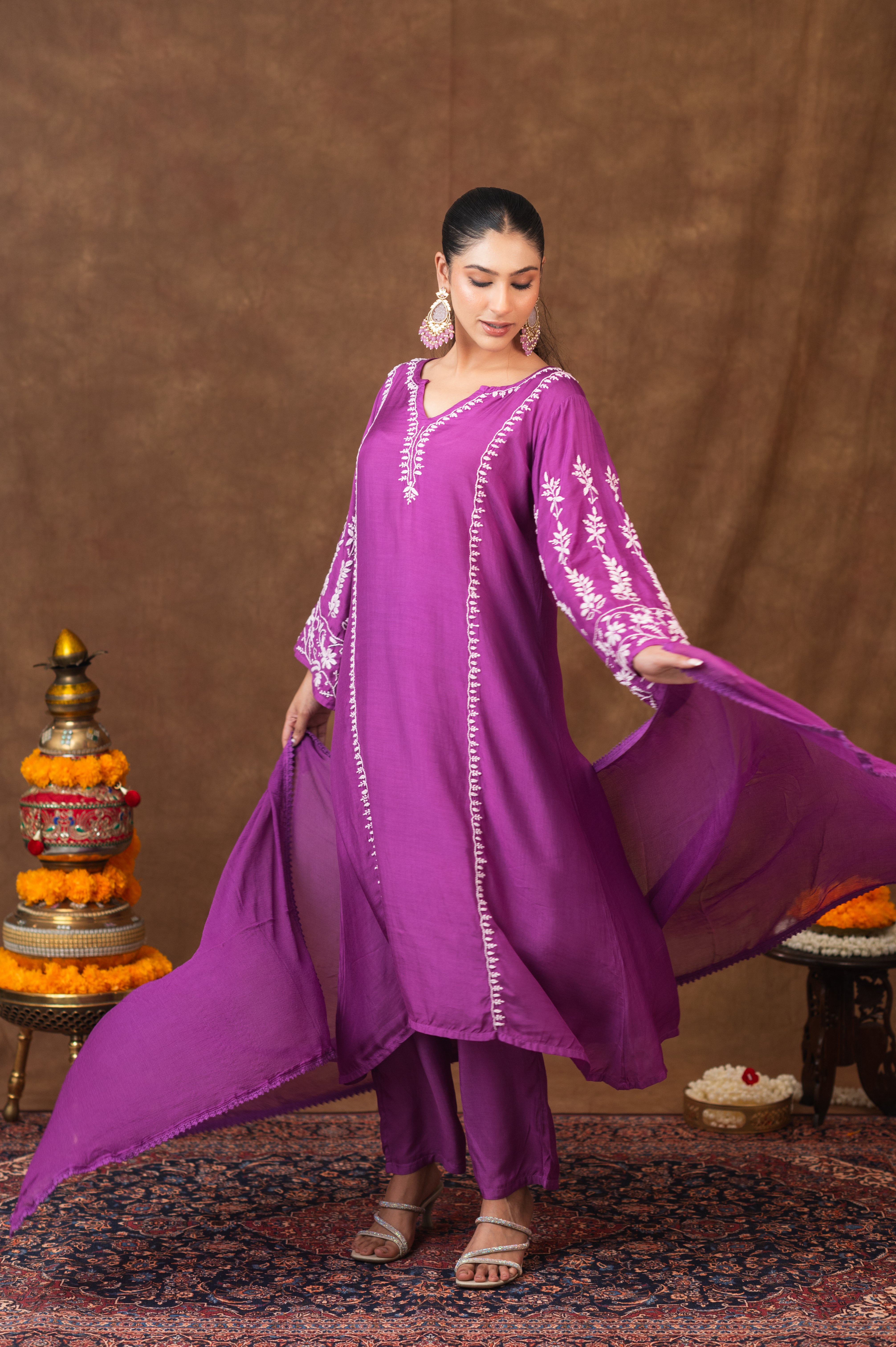 Jashn Premium Muslin Chikankari Purple A Line 3PC Kurta Set with Dupatta Gharana