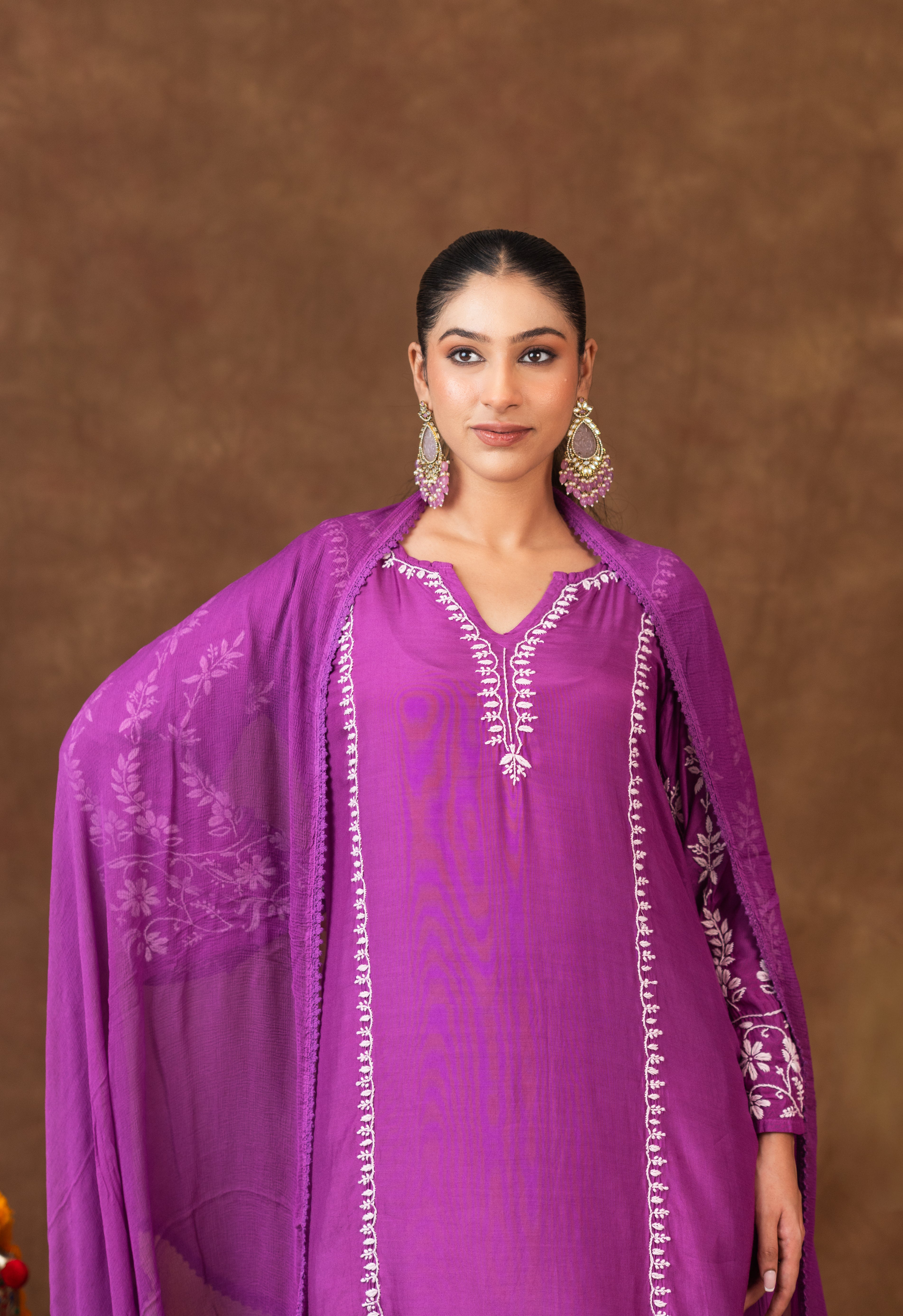 Jashn Premium Muslin Chikankari Purple A Line 3PC Kurta Set with Dupatta Gharana