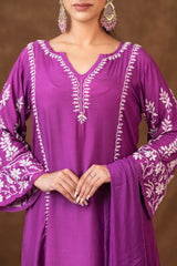 Jashn Premium Muslin Chikankari Purple A Line 3PC Kurta Set with Dupatta Gharana