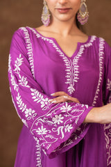 Jashn Premium Muslin Chikankari Purple A Line 3PC Kurta Set with Dupatta Gharana