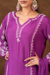 Jashn Premium Muslin Chikankari Purple A Line 3PC Kurta Set with Dupatta Gharana