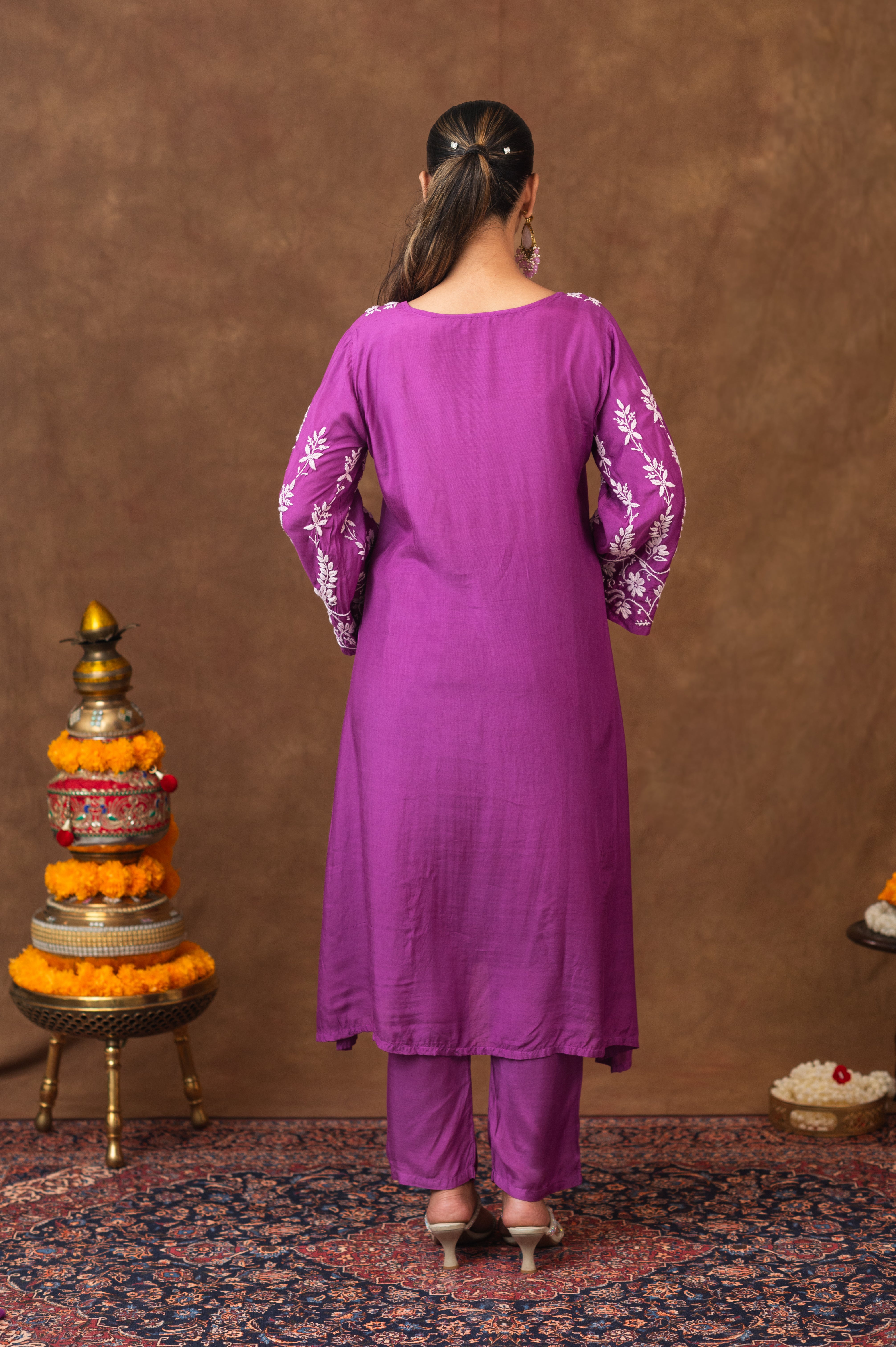 Jashn Premium Muslin Chikankari Purple A Line 3PC Kurta Set with Dupatta Gharana