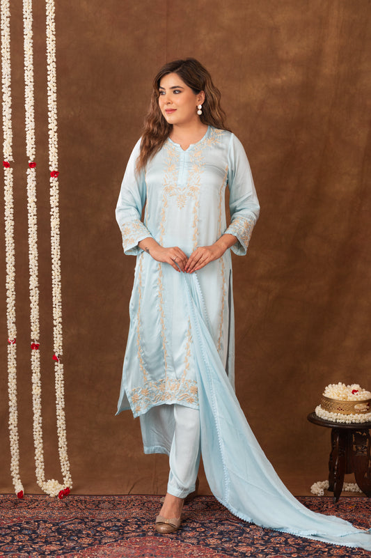 Jashn Chikankari Turquoise Modal Satin 3 PC Kurta Set with Dupatta Gharana
