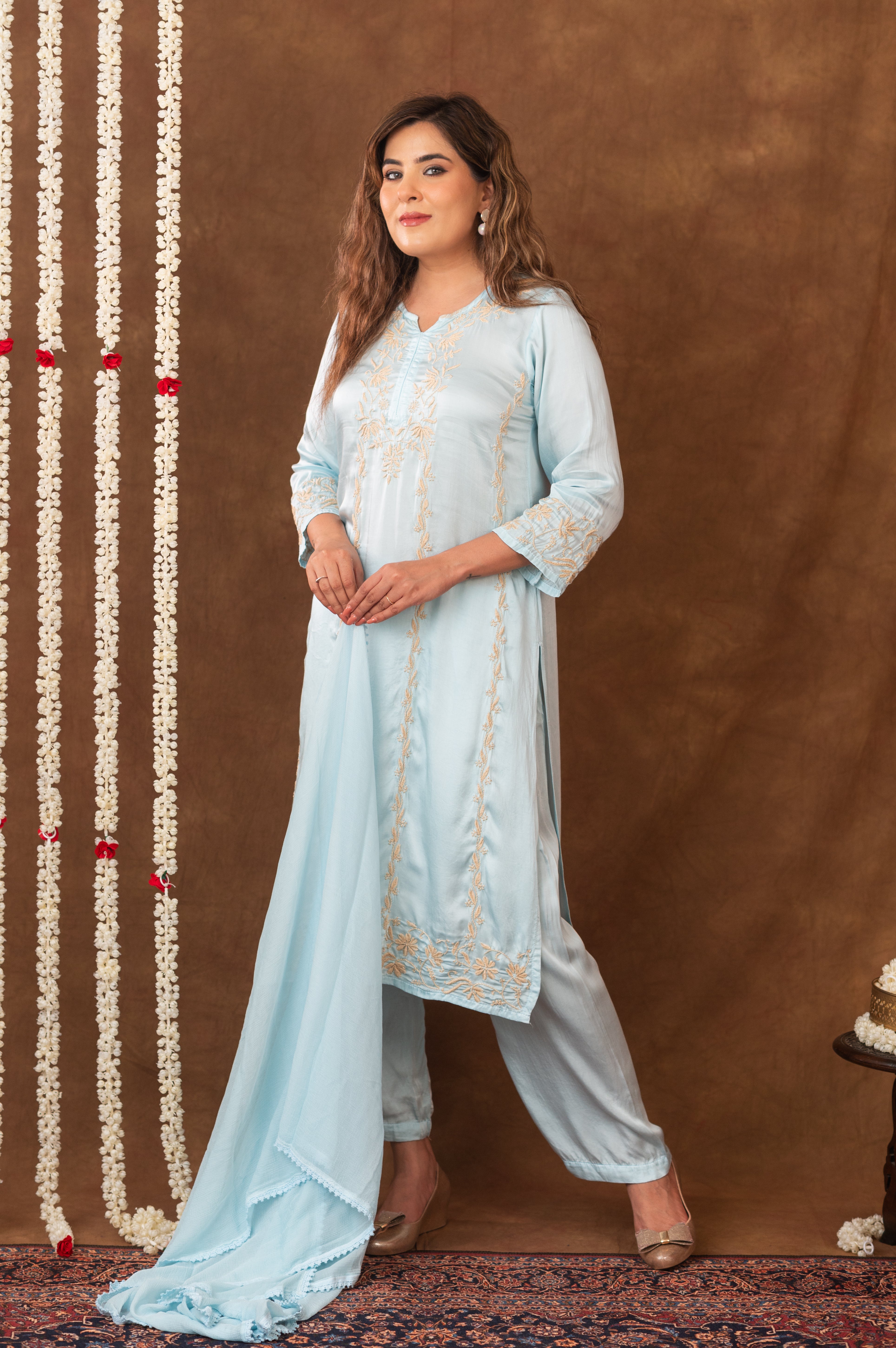 Jashn Chikankari Turquoise Modal Satin 3 PC Kurta Set with Dupatta Gharana