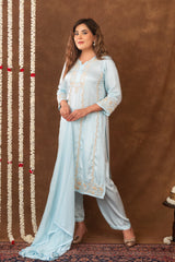 Jashn Chikankari Turquoise Modal Satin 3 PC Kurta Set with Dupatta Gharana