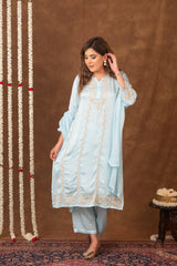 Jashn Chikankari Turquoise Modal Satin 3 PC Kurta Set with Dupatta