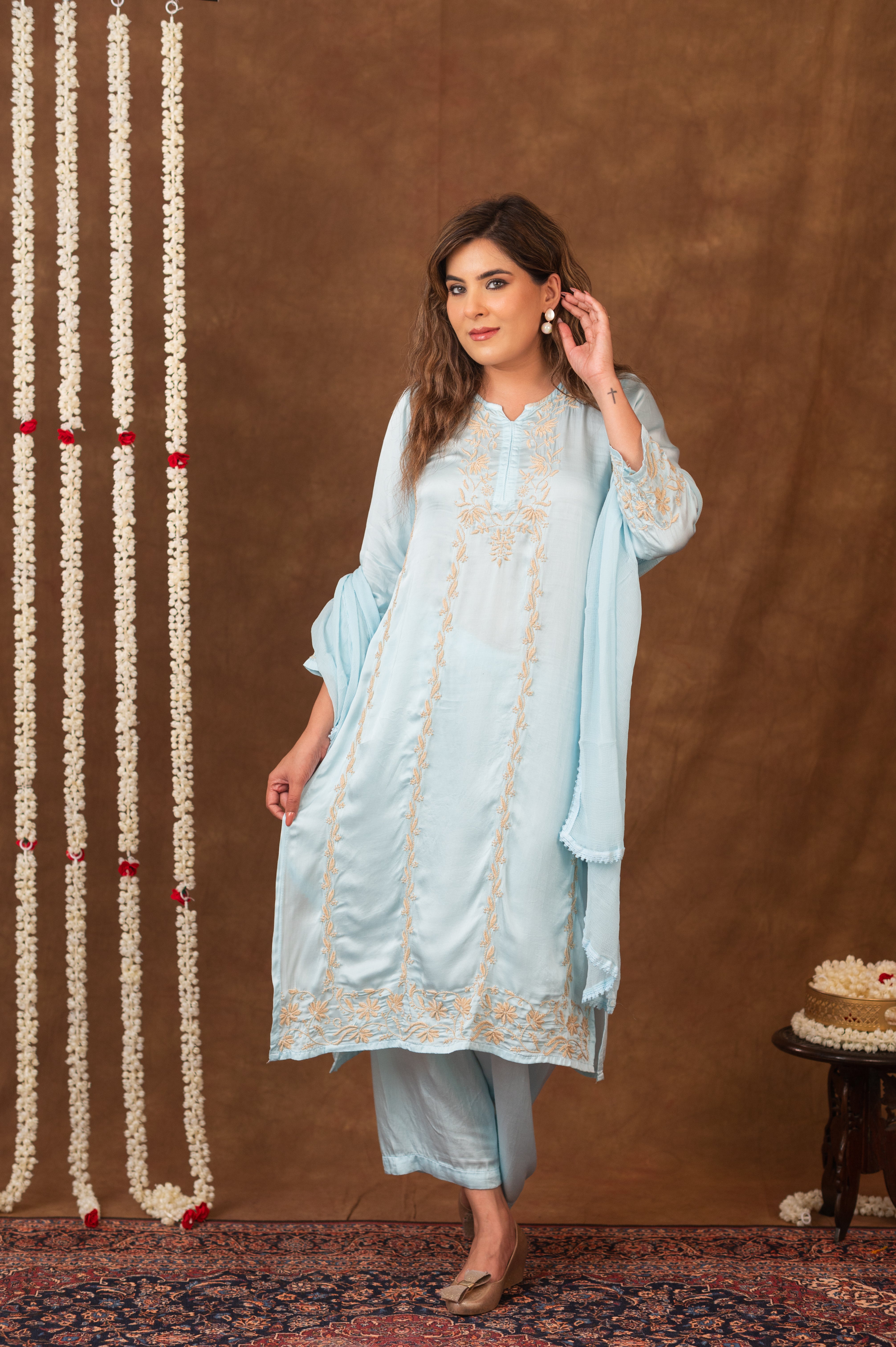 Jashn Chikankari Turquoise Modal Satin 3 PC Kurta Set with Dupatta Gharana