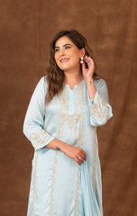 Jashn Chikankari Turquoise Modal Satin 3 PC Kurta Set with Dupatta Gharana