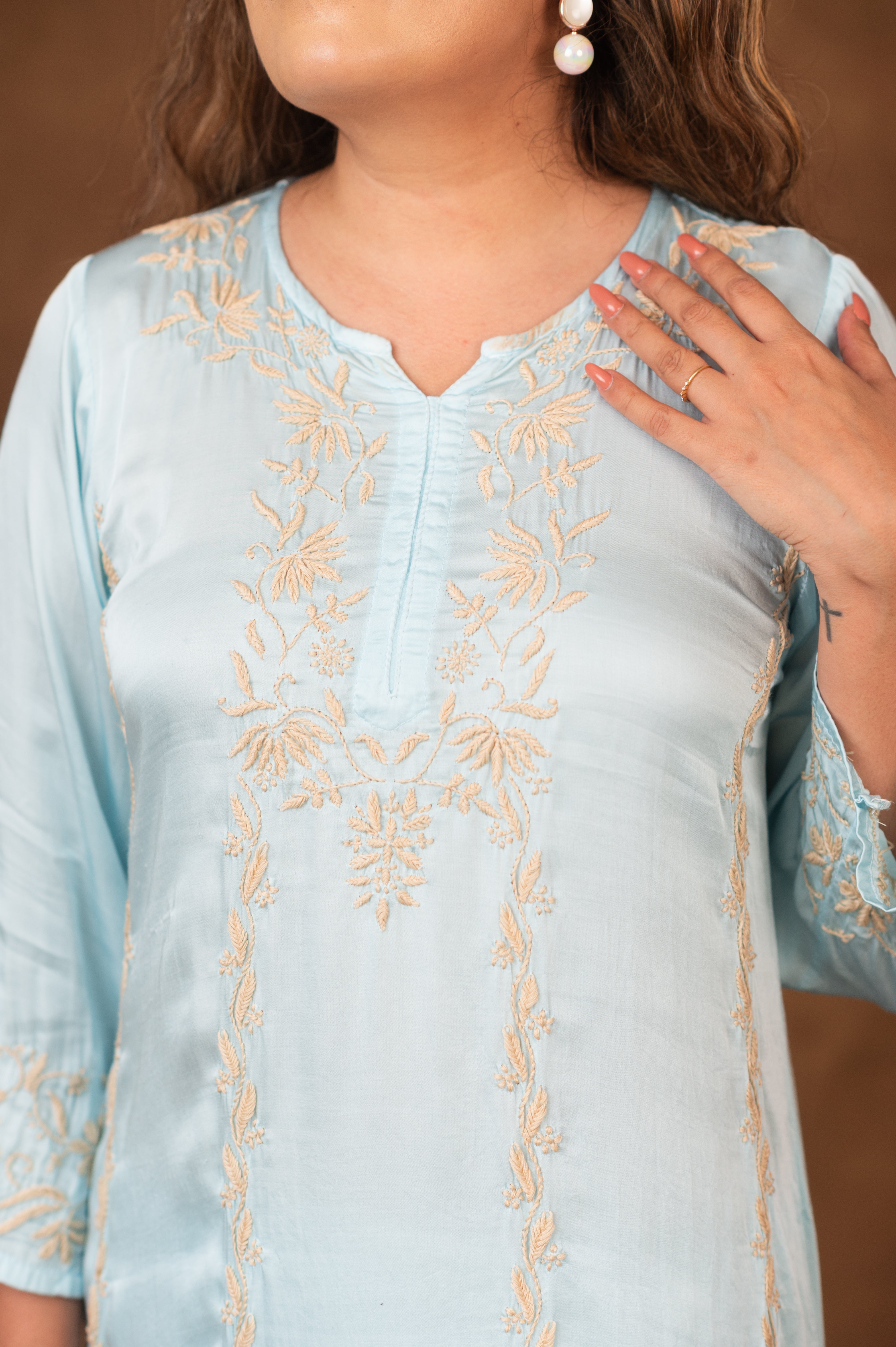 Jashn Chikankari Turquoise Modal Satin 3 PC Kurta Set with Dupatta Gharana