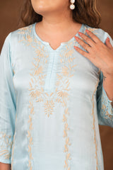 Jashn Chikankari Turquoise Modal Satin 3 PC Kurta Set with Dupatta