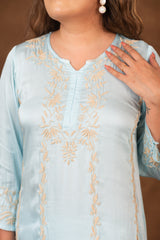 Jashn Chikankari Turquoise Modal Satin 3 PC Kurta Set with Dupatta Gharana
