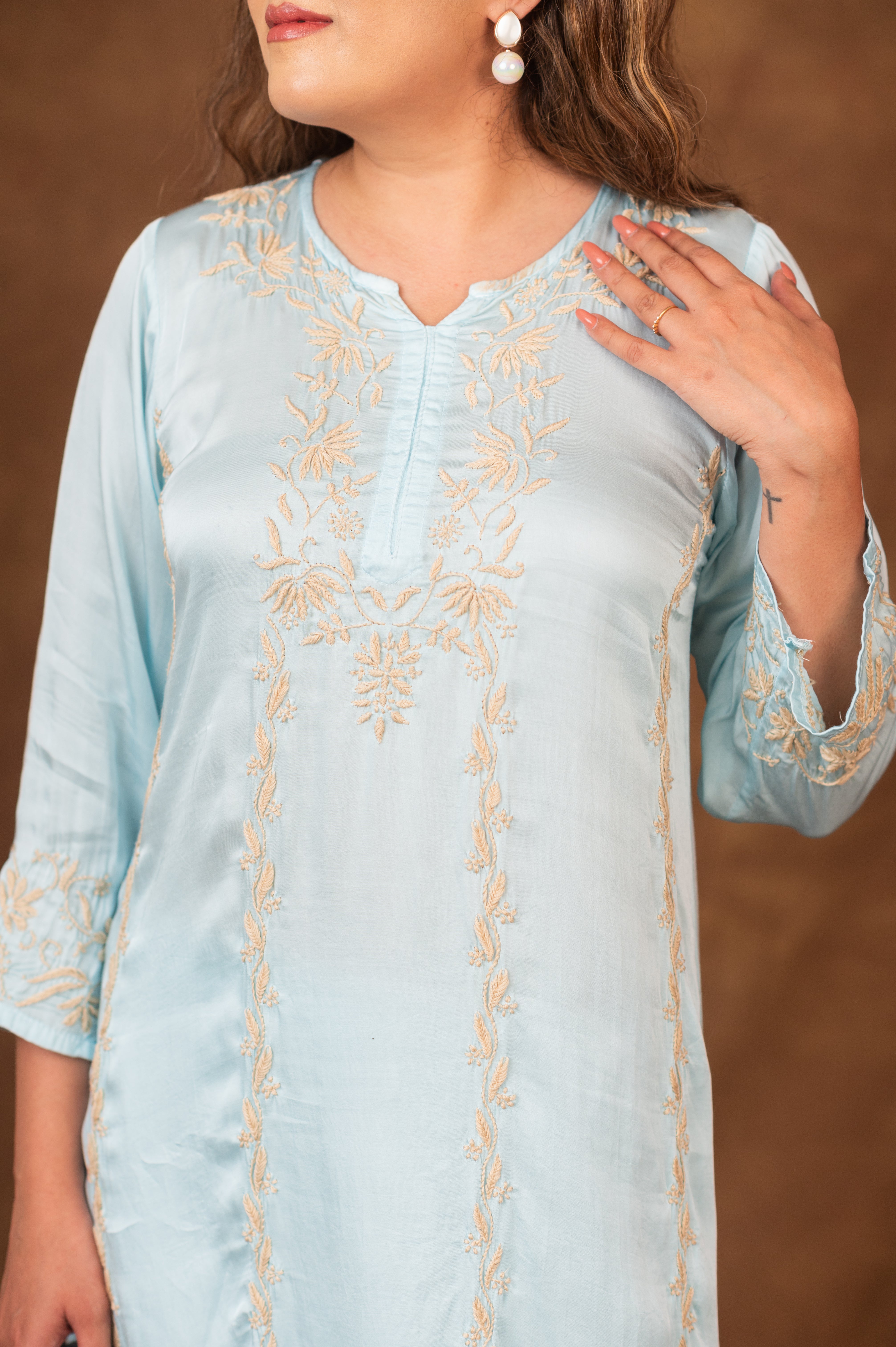Jashn Chikankari Turquoise Modal Satin 3 PC Kurta Set with Dupatta Gharana
