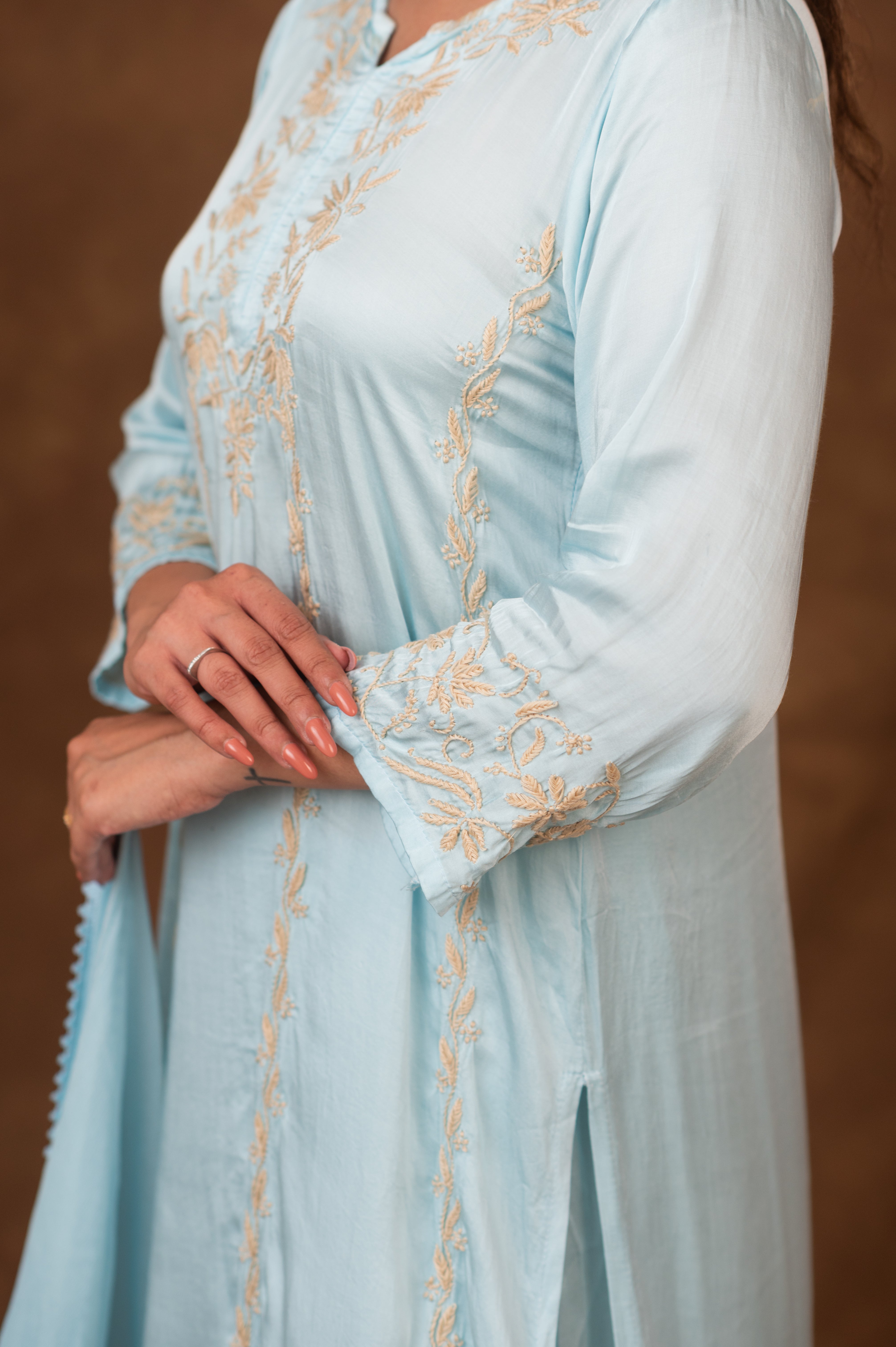 Jashn Chikankari Turquoise Modal Satin 3 PC Kurta Set with Dupatta Gharana