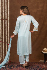 Jashn Chikankari Turquoise Modal Satin 3 PC Kurta Set with Dupatta