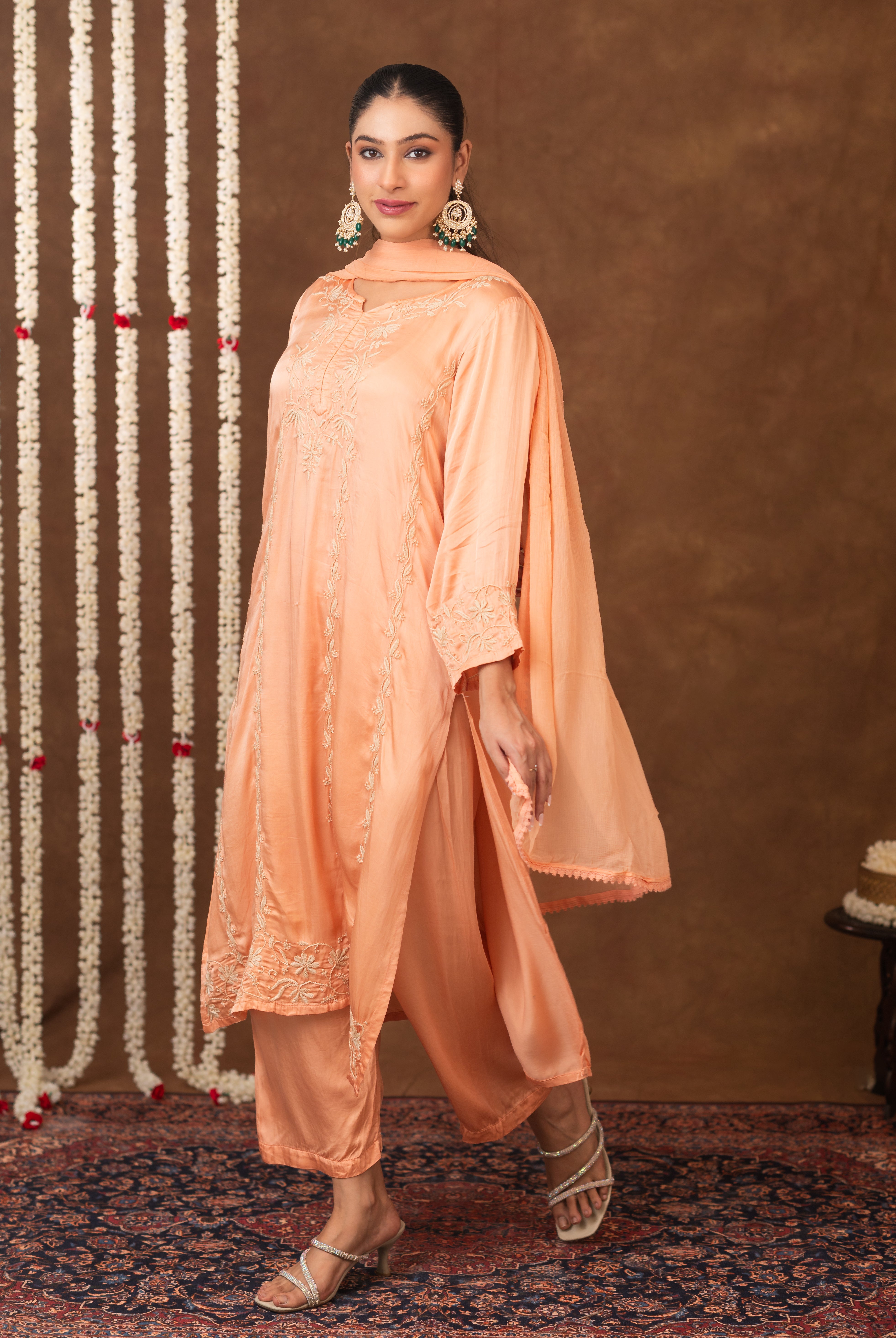 Jashn Chikankari Peach Modal Satin 3 PC Kurta Set with Dupatta Gharana