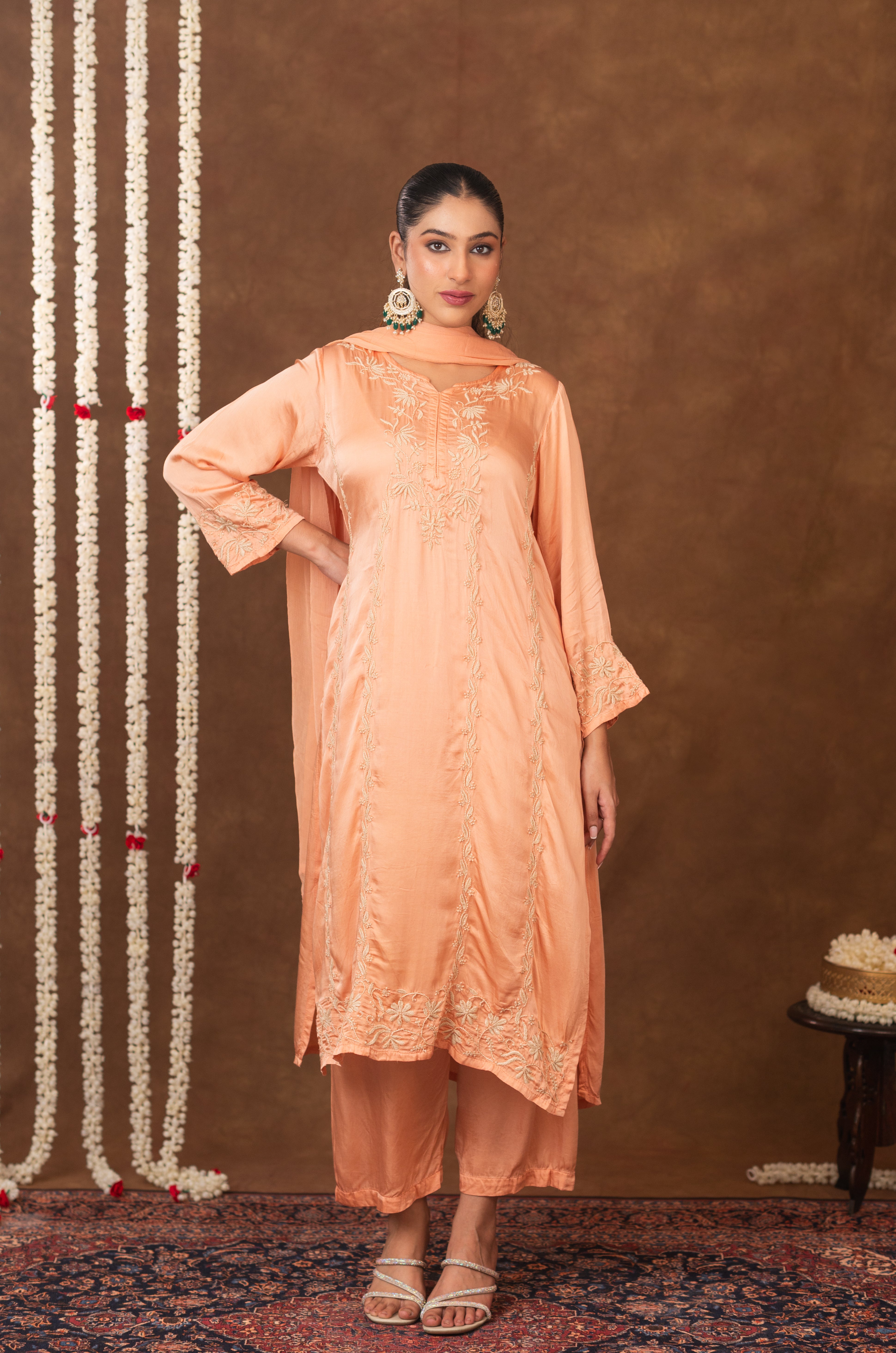 Jashn Chikankari Peach Modal Satin 3 PC Kurta Set with Dupatta Gharana