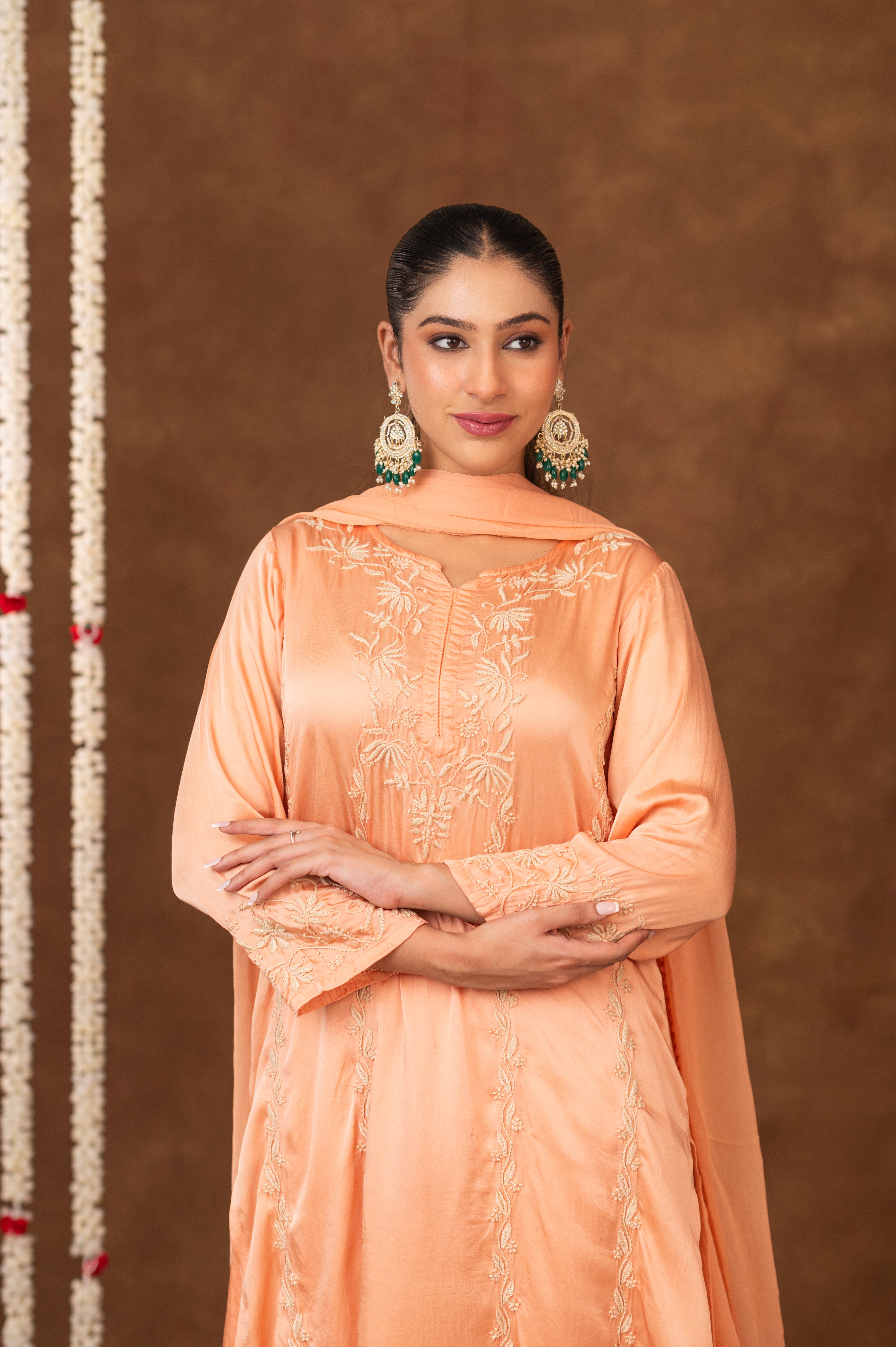 Jashn Chikankari Peach Modal Satin 3 PC Kurta Set with Dupatta Gharana